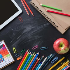 Apple, Pencils, Tablet, and School Supplies on Black