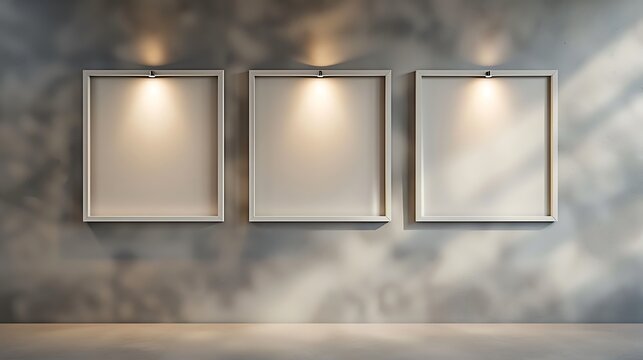 Three empty square frames in a triangular arrangement on a soft grey wall, each frame gently illuminated by a spotlight, creating a clean and contemporary display