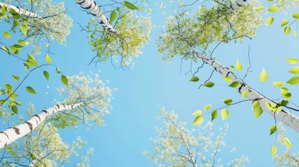Birch tree branches in bloom on blue sky background for allergy medicine presentation