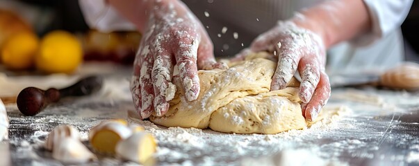 Hands kneading dough on a floured surface with various baking tools nearby, cooking class, breadmaking