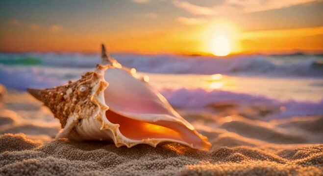 conch shell on the beach at sunset