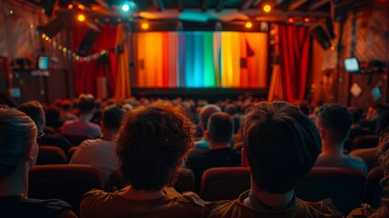 Three girls with rainbow-colored hair sit in a crowd watching a show