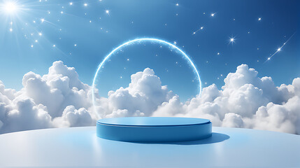  Cloud background podium blue 3d product sky white display platform render abstract stage pastel scene.