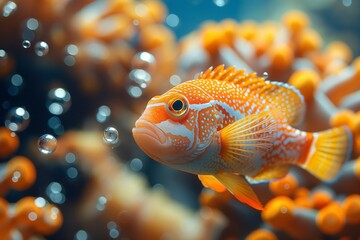 Close-up underwater shot of fish and rising bubbles, creating a dynamic and refreshing scene, suitable for aquatic designs.