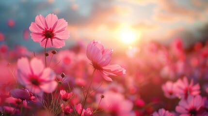 Pink Cosmos Field at Sunset