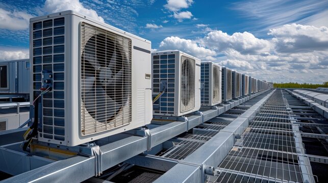 An air conditioning unit on a roof with blue skies in the background