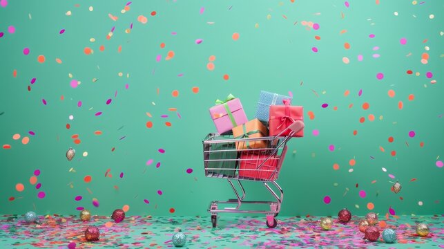 Vibrant presents in a shopping cart on a green backdrop with celebratory confetti, ideal for Black Friday sale ads