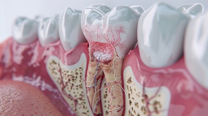 Realistic cross-section of a tooth with advanced decay and infection, highlighting the root and surrounding gum tissue, medical illustration