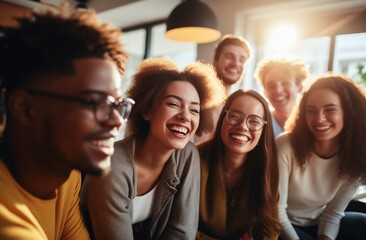 Obraz premium Diverse group of young professionals smiling and taking a selfie in an office setting, symbolizing employee community and team building.Labor Day, part-time, happy, hard-working, active