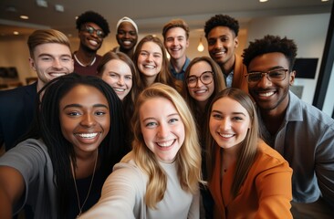 Fototapeta premium Diverse group of young professionals smiling and taking a selfie in an office setting, symbolizing employee community and team building.Labor Day, part-time, happy, hard-working, active