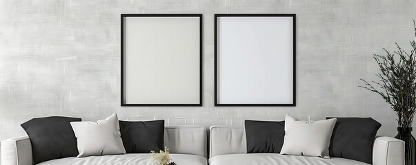 Two black frames on an elegant pearl gray wall, minimalist chic living room