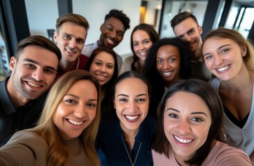 Diverse group of young professionals smiling and taking a selfie in an office setting, symbolizing employee community and team building.Labor Day, part-time, happy, hard-working, active