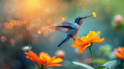 Naklejka premium Hummingbird in Flight, Feeding on a Flower