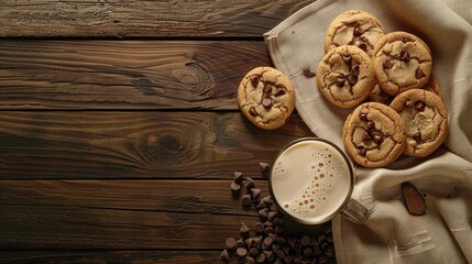 Fototapeta premium Chocolate Chip Cookies and Milk on table with empty space