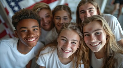 Advertising, friendship, patriotism and people concept - smiling teens in white t-shirts over an American flag