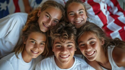Obraz premium Advertising, friendship, patriotism and people concept - smiling teens in white t-shirts over an American flag