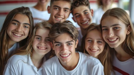 Advertising, friendship, patriotism and people concept - smiling teens in white t-shirts over an American flag