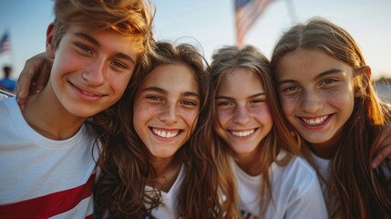 Obraz premium Advertising, friendship, patriotism and people concept - smiling teens in white t-shirts over an American flag