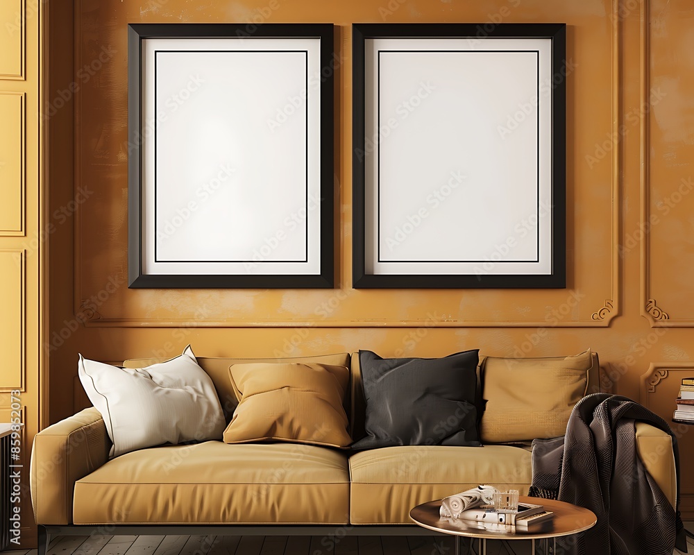 Wall mural two black frames on a warm honey wall, cozy and inviting living room