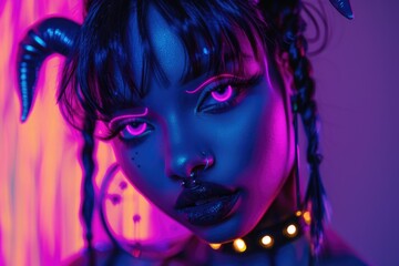Obraz premium Futuristic Neon Portrait of a Woman with Piercings and Horns in Glowing Lights
