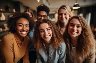 Obraz premium Diverse group of young professionals smiling and taking a selfie in an office setting, symbolizing employee community and team building.Labor Day, part-time, happy, hard-working, active