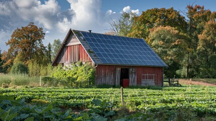 Obraz premium A barn roof with solar panels near crops on a field in Bavaria, Germany
