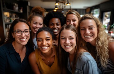 Fototapeta premium Diverse group of young professionals smiling and taking a selfie in an office setting, symbolizing employee community and team building.Labor Day, part-time, happy, hard-working, active