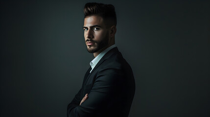 Obraz premium Portrait of handsome man in black suit : Generative AI