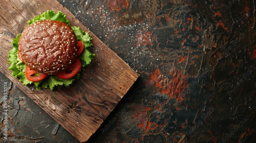 Poster fresh beef hamburger on rustic table top view