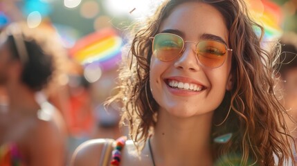 Candid happy young lesbian woman smiling celebrating gay pride LGBTQ festival,