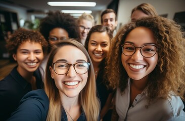 Diverse group of young professionals smiling and taking a selfie in an office setting, symbolizing employee community and team building.Labor Day, part-time, happy, hard-working, active