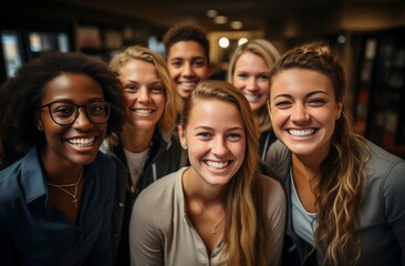 Obraz premium Diverse group of young professionals smiling and taking a selfie in an office setting, symbolizing employee community and team building.Labor Day, part-time, happy, hard-working, active