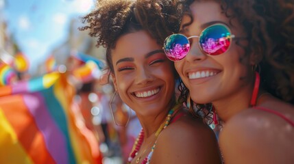 Candid happy young lesbian woman smiling celebrating gay pride LGBTQ festival,