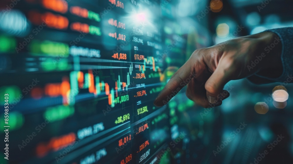 Aufkleber a crypto trader investor broker holds his finger on the buy or sell button while executing a financi