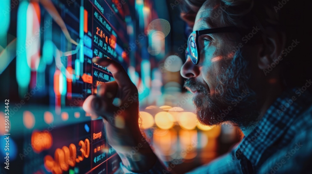 Poster a crypto trader investor broker holds his finger on the buy or sell button while executing a financi