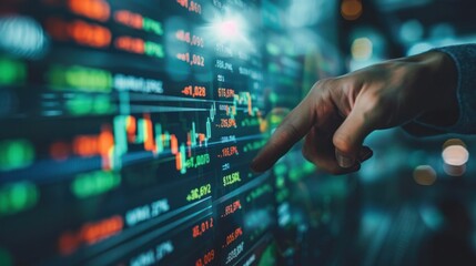 Fototapeta premium A crypto trader investor broker holds his finger on the buy or sell button while executing a financial stock trade market trading order.