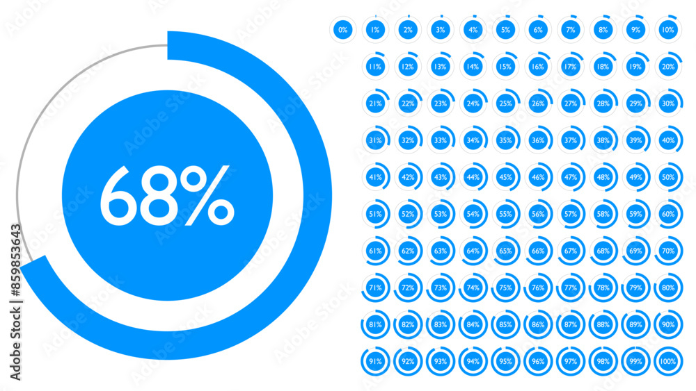 Poster Set of circle percentage diagrams from 0 to 100 for Web Design, User Interface UI UX or Infographic. Loading indicator Colorful Progress Light Blue on White Background. Vector illustration. Icons set.