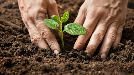 Hands carefully planting a young seedling in soil, symbolizing environmental protection and growth.