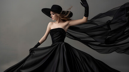Fototapeta premium Beautiful Woman in Black Dress Fashion Model in Evening Gown flying on Wind Elegant Lady in Black Hat and Gloves over Isolated Background Women Luxury Style Clothing : Generative AI