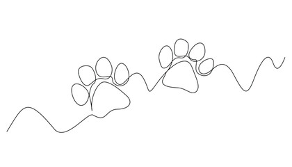 continuous line drawing of dog paw prints.abstract one line drawing of dog paw prints.isolated white background
