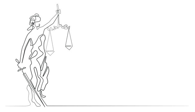 recommend clip art: continuous line drawing of blind justice.abstract single line art statue of blind justice,with scales of justice and sword.one line vector illustration