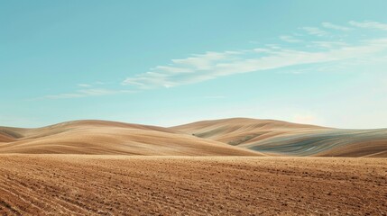 Barren farm field with hills and clear sky for text placement