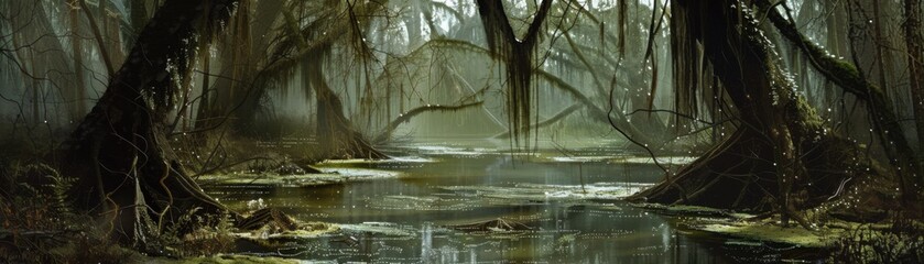 A lush green forest with a large tree branch hanging over a body of water
