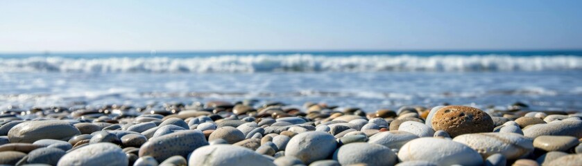 A rocky beach with a small rock in the foreground
