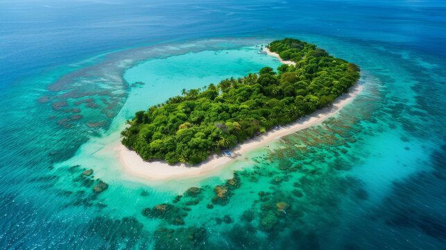 A beautiful island with a blue ocean surrounding it