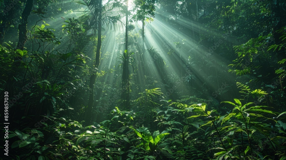 Poster sunlight filtering through the dense canopy of a tropical rainforest, casting intricate patterns of 
