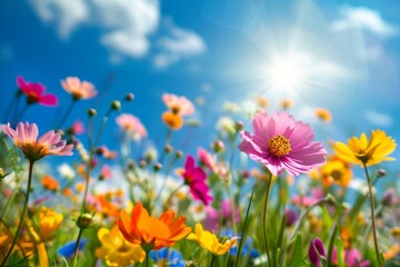Fototapeta premium A field of flowers with a blue sky in the background