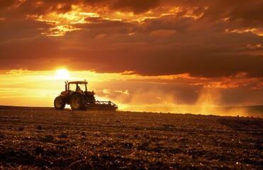 Fototapeta premium Agricultural scene - a tractor plowing the field, turning the soil for the new planting season, enhancing crop growth, and contributing to sustainable farming practices.
