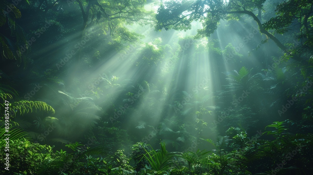Poster a tranquil scene of a misty rainforest illuminated by the gentle rays of the sun, creating a dreamy,
