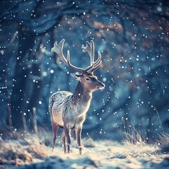 A tranquil winter wallpaper with a lone deer standing in a snowy meadow, under a softly falling snow